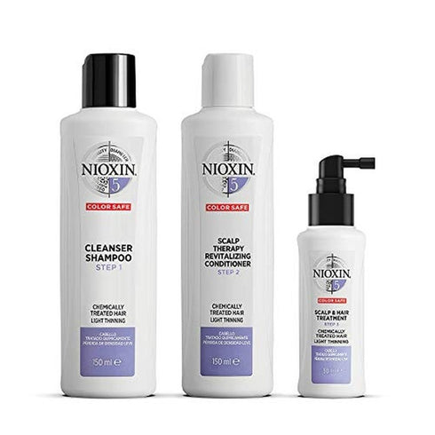 Nioxin 3 Part System No.5 Gift Set 3 Pieces - Chemically Treated Hair with Light Thinning (1 x 150ml Cleanser Shampoo 
1 x 150ml Scalp Therapy Revitalising Conditioner 
1 x 50ml Scalp and Hair Treatment)